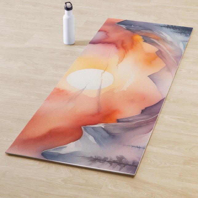 Watercolor of snow covered mountains under sunset yoga mat (In Situ)