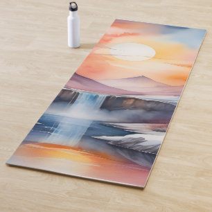 Watercolor of snow covered mountains under sunset yoga mat