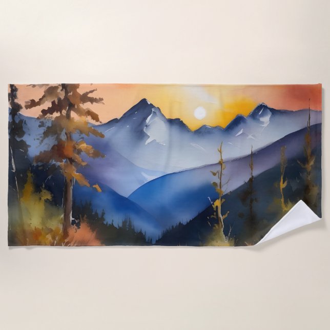 Watercolor of sunrise over snow covered mountains beach towel (Front)