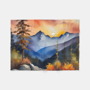 Watercolor of sunrise over snow covered mountains fleece blanket