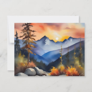 Watercolor of sunrise over snow covered mountains postcard