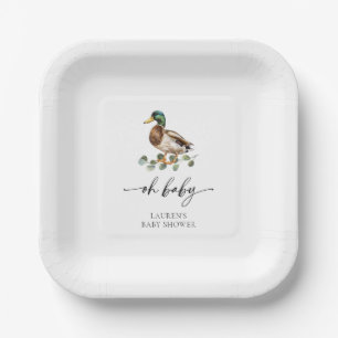 Watercolor Oh Baby Mallard Duck Baby Shower Paper Plate