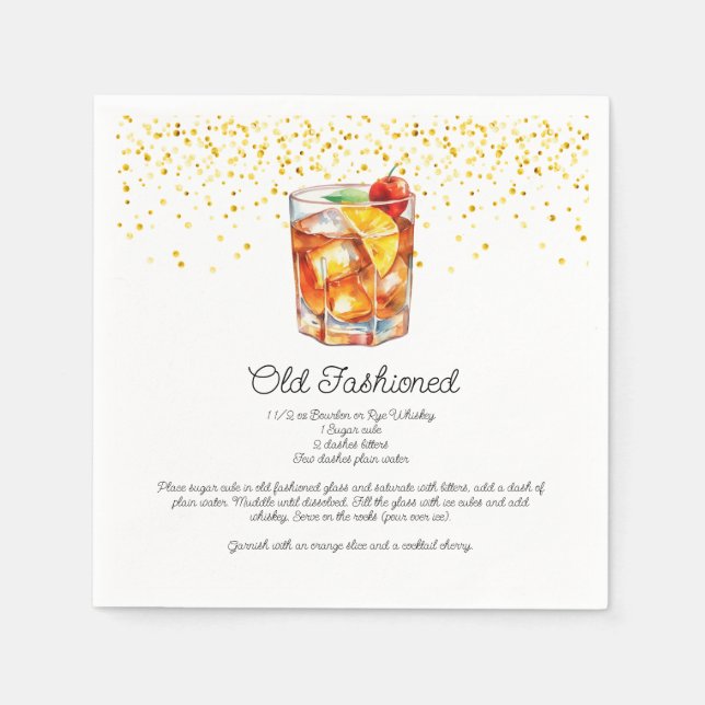 Watercolor Old Fashioned Custom Cocktail Recipe Napkin (Front)