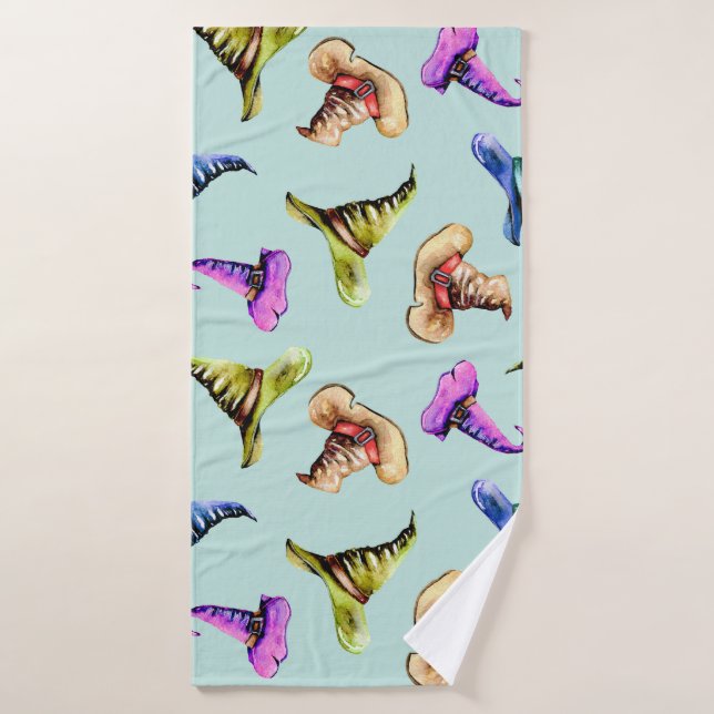 Watercolor old hats: blue background. bath towel (Bath Towel)