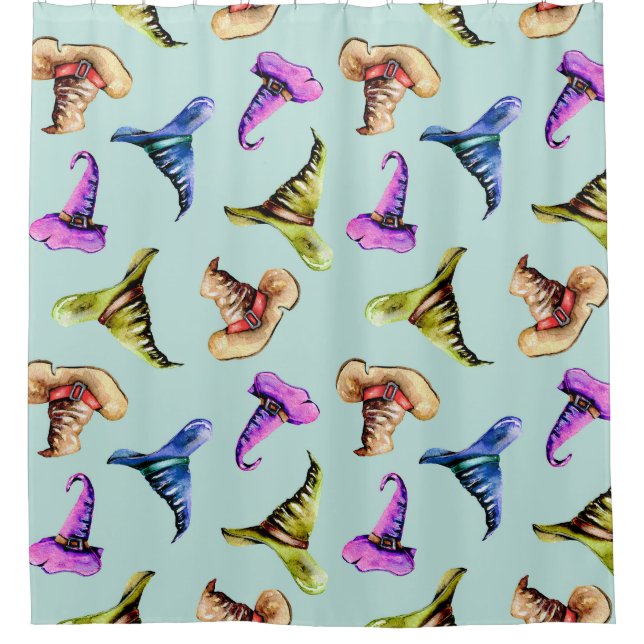 Watercolor old hats: blue background. shower curtain (Front)