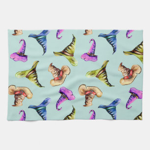 Watercolor old hats: blue background. tea towel