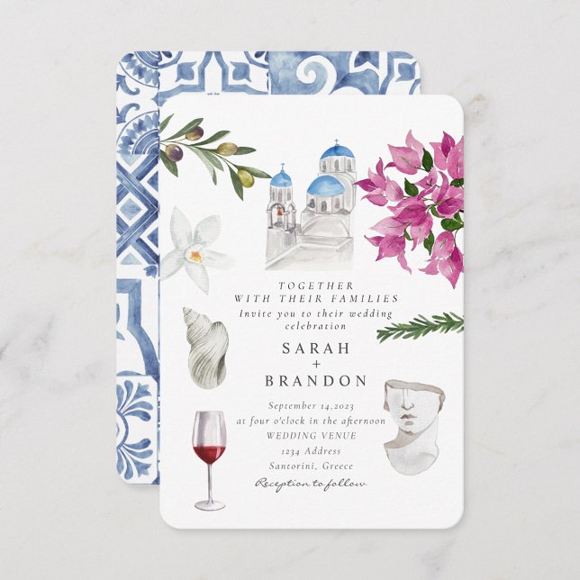 Watercolor Olive Blue tile Greece Wedding  Invitation (Creator Uploaded)