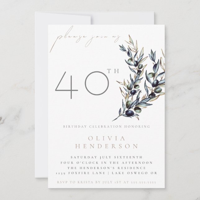 Watercolor Olive Branch Adult Birthday Invitation (Front)