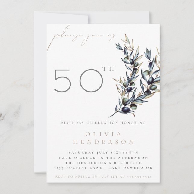 Watercolor Olive Branch Adult Birthday Invitation (Front)