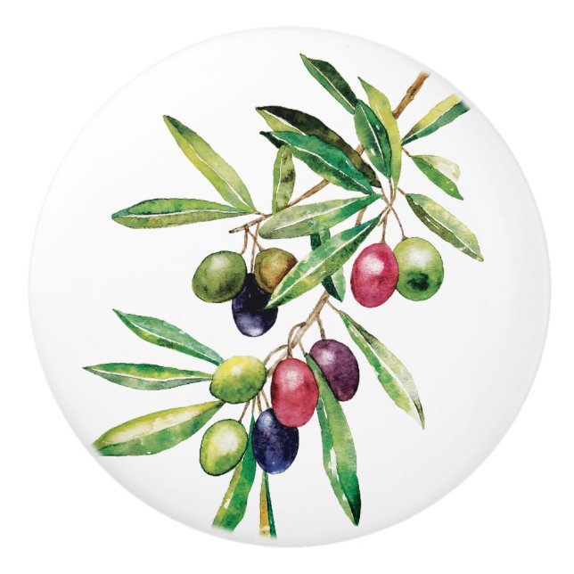 Watercolor Olive Branch Ceramic Knob (Front)