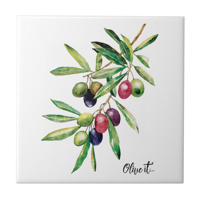 Watercolor Olive Branch Ceramic Tile (Front)