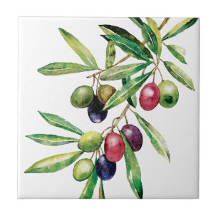 Watercolor Olive Branch Ceramic Tile