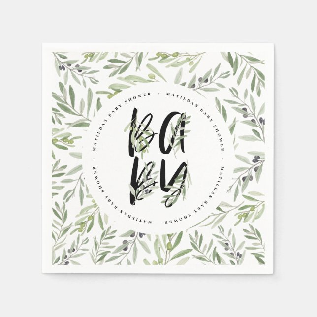 Watercolor olive branch foliage baby shower party napkin (Front)