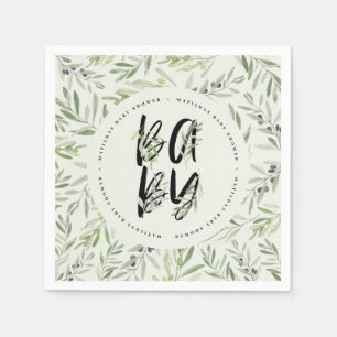Watercolor olive branch foliage baby shower party napkin