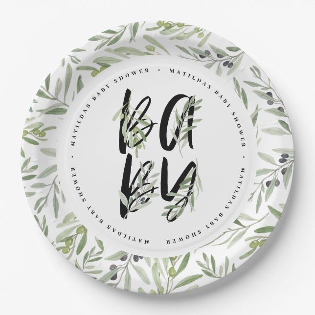 Watercolor olive branch foliage baby shower party paper plate (Front)