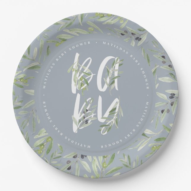 Watercolor olive branch foliage baby shower party paper plate (Front)