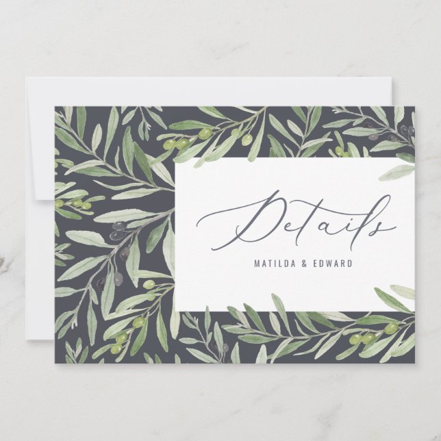 Watercolor olive branch foliage wedding details announcement (Front)