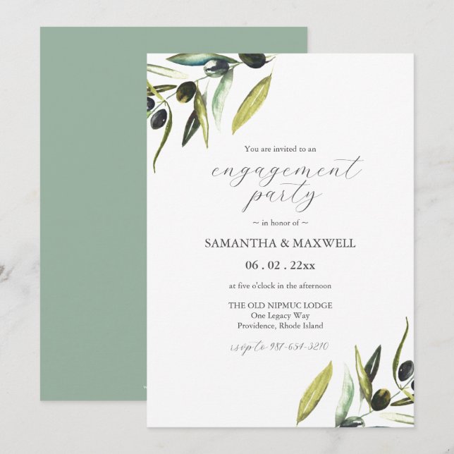 Watercolor Olive Branch Greenery Engagement Party Invitation (Front/Back)