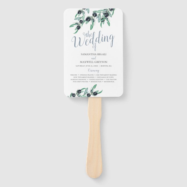 Watercolor Olive Branch Greenery Paper Wedding Fan (Front)