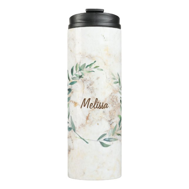 Watercolor olive branch leaves marble name thermal tumbler (Front)
