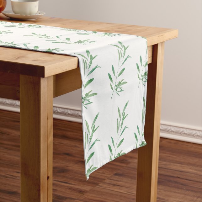 Watercolor Olive Branch Pattern Short Table Runner (In Situ)