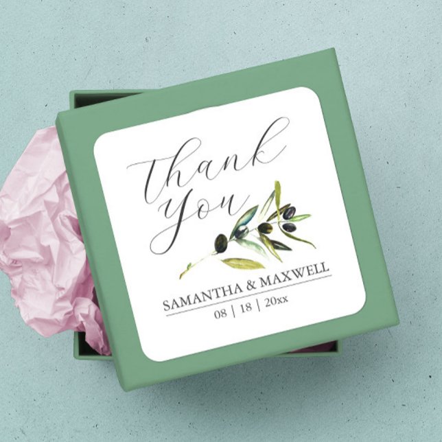 Watercolor Olive Branch Wedding Favour Square Sticker (thank you sticker watercolor botanical olive branch wedding favors)