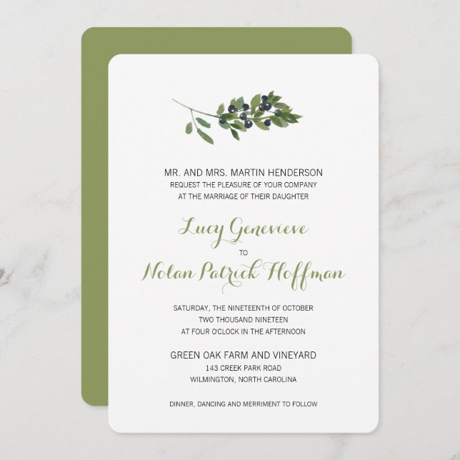 Watercolor Olive Branch | Wedding Invitation (Front/Back)