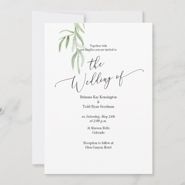 Watercolor Olive Branch Wedding Invitation (Front)