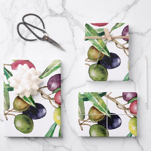 Watercolor Olive Branch Wrapping Paper Sheet (Front)