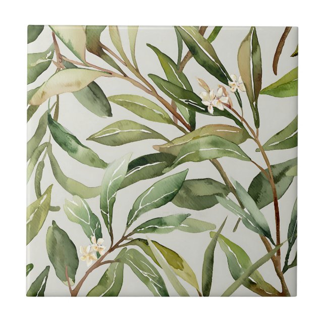 Watercolor Olive Branches Botanical Ceramic Tile (Front)