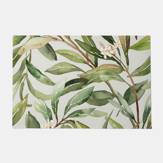 Watercolor Olive Branches Botanical Doormat (Front)