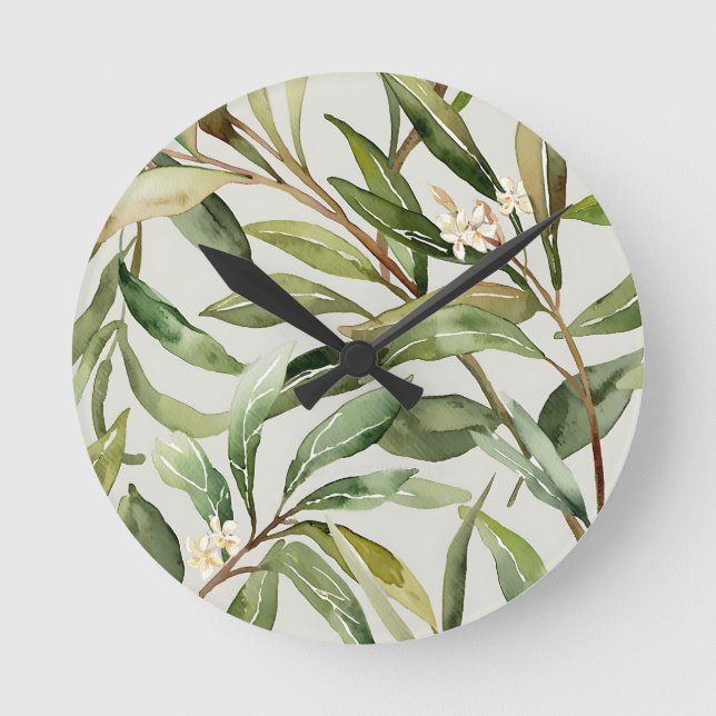Watercolor Olive Branches Botanical Round Clock (Front)