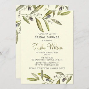Watercolor olive branches bridal shower invitation