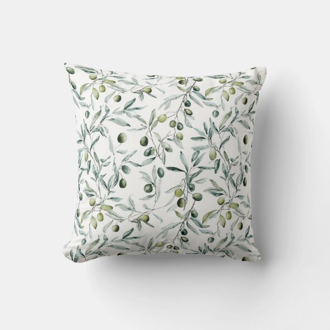 Watercolor Olive Branches Green Neutral Pattern Cushion (Front)