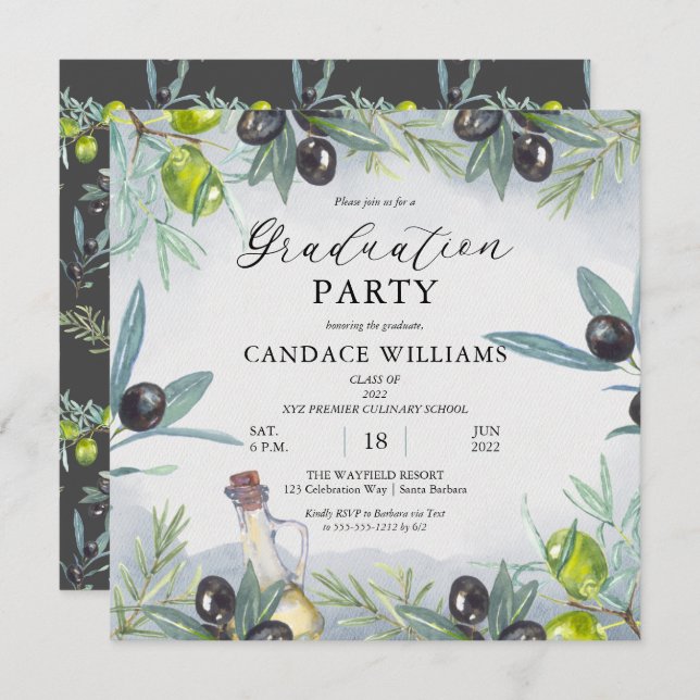 Watercolor Olive Culinary School Graduation Party  Invitation (Front/Back)