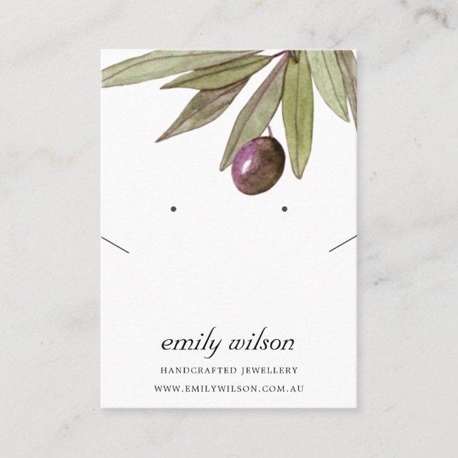 WATERCOLOR OLIVE FOLIAGE EARRING NECKLACE DISPLAY BUSINESS CARD (Front)