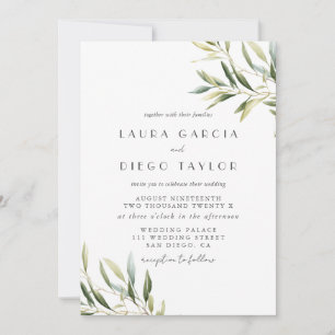 Watercolor Olive Green Leaves Wedding Invitation