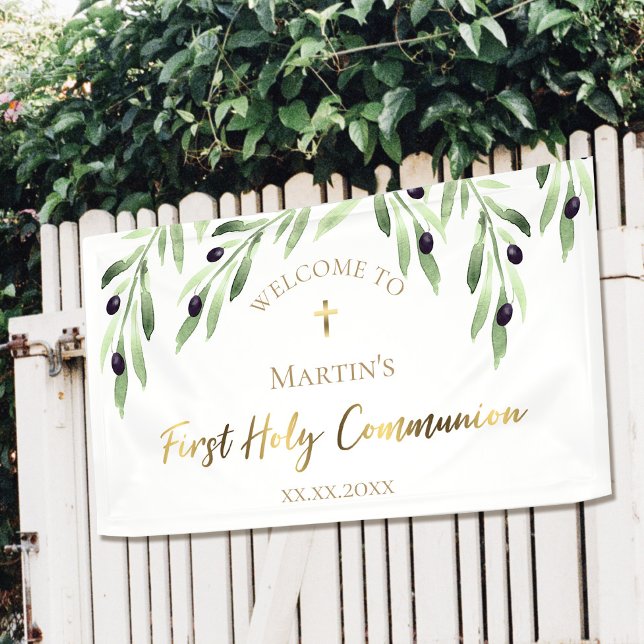 watercolor olive greenery First Holy Communion Banner (Creator Uploaded)