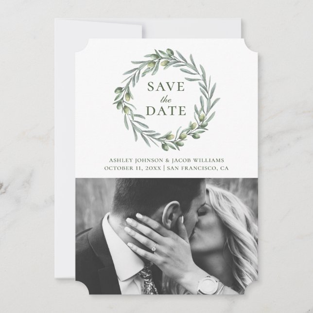 Watercolor olive leaves. Botanical wreath. Italian Save The Date (Front)