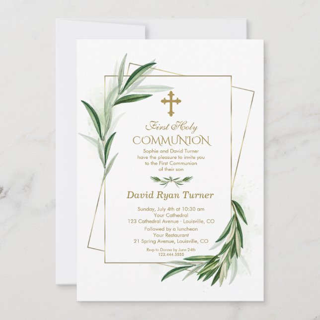 Watercolor Olive Leaves Gold First Holy Communion Invitation (Front)