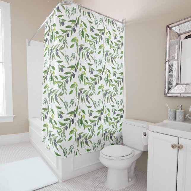 Watercolor Olive Pattern Shower Curtain (In Situ)