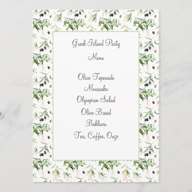 Watercolor Olives and Foliage Menu Card (Front)