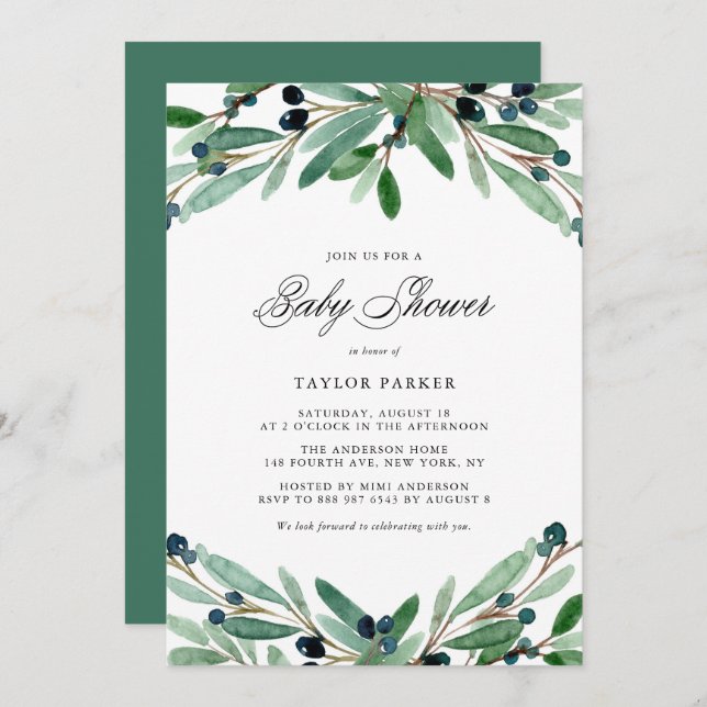 Watercolor Olives and Greenery Baby Shower Invitation (Front/Back)