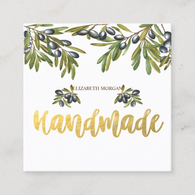 Watercolor Olives Branch,Handmade Square  Square Business Card (Front)