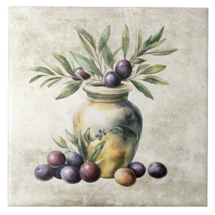 Watercolor Olives in Vase Faux Texture Ceramic Tile