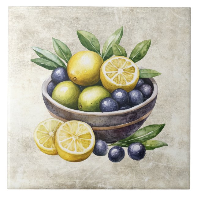 Watercolor Olives Lemons Limes Faux Texture  Ceramic Tile (Front)