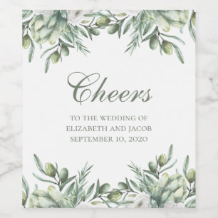 Watercolor olives. Summer floral italian wedding Wine Label