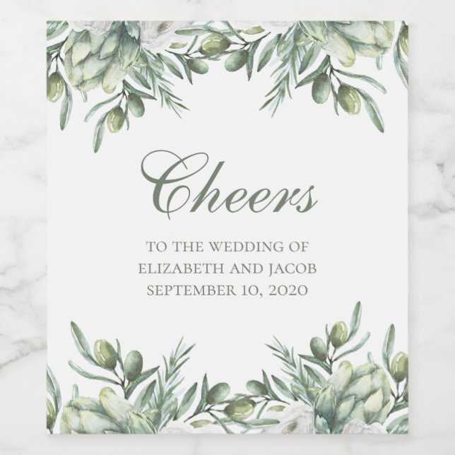 Watercolor olives. Summer floral italian wedding Wine Label (Single Label)