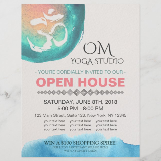 Watercolor Om YOGA Instructor Studio Open House Flyer (Front)