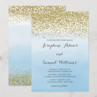 Watercolor Ombre Blue and Gold Wedding Invitation
